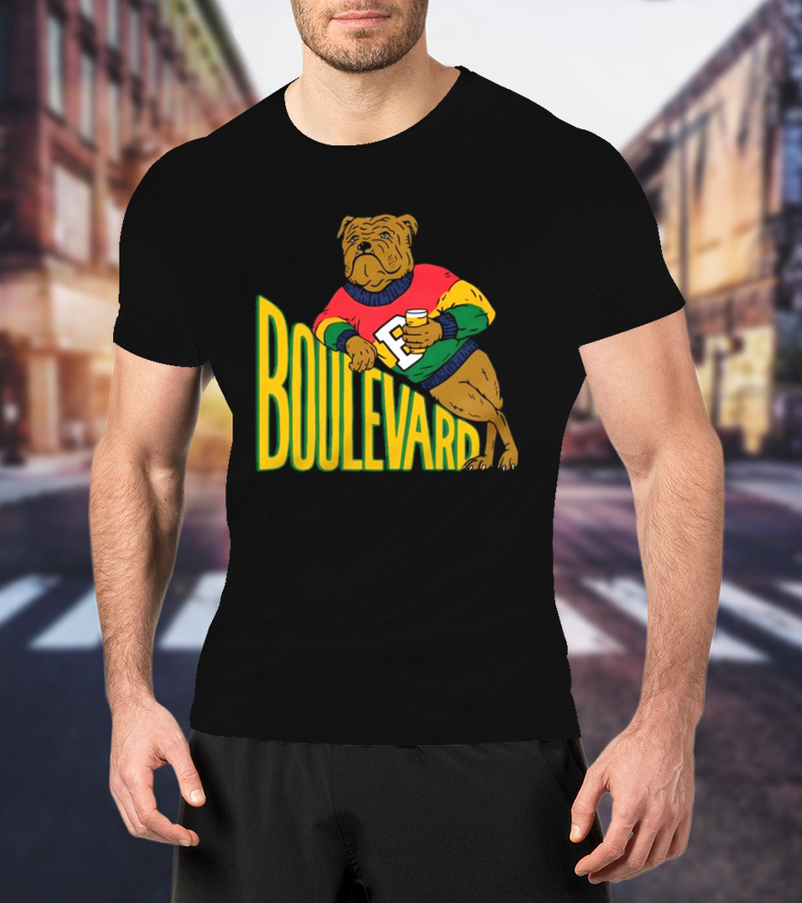 Boulevard Bully Dog In Colorful Sweater Holding Drink T-Shirt