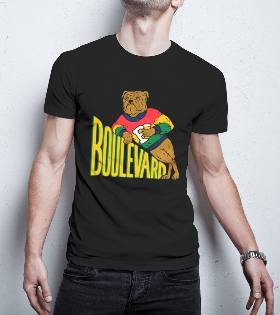 Boulevard Bully Dog In Colorful Sweater Holding Drink T-Shirt