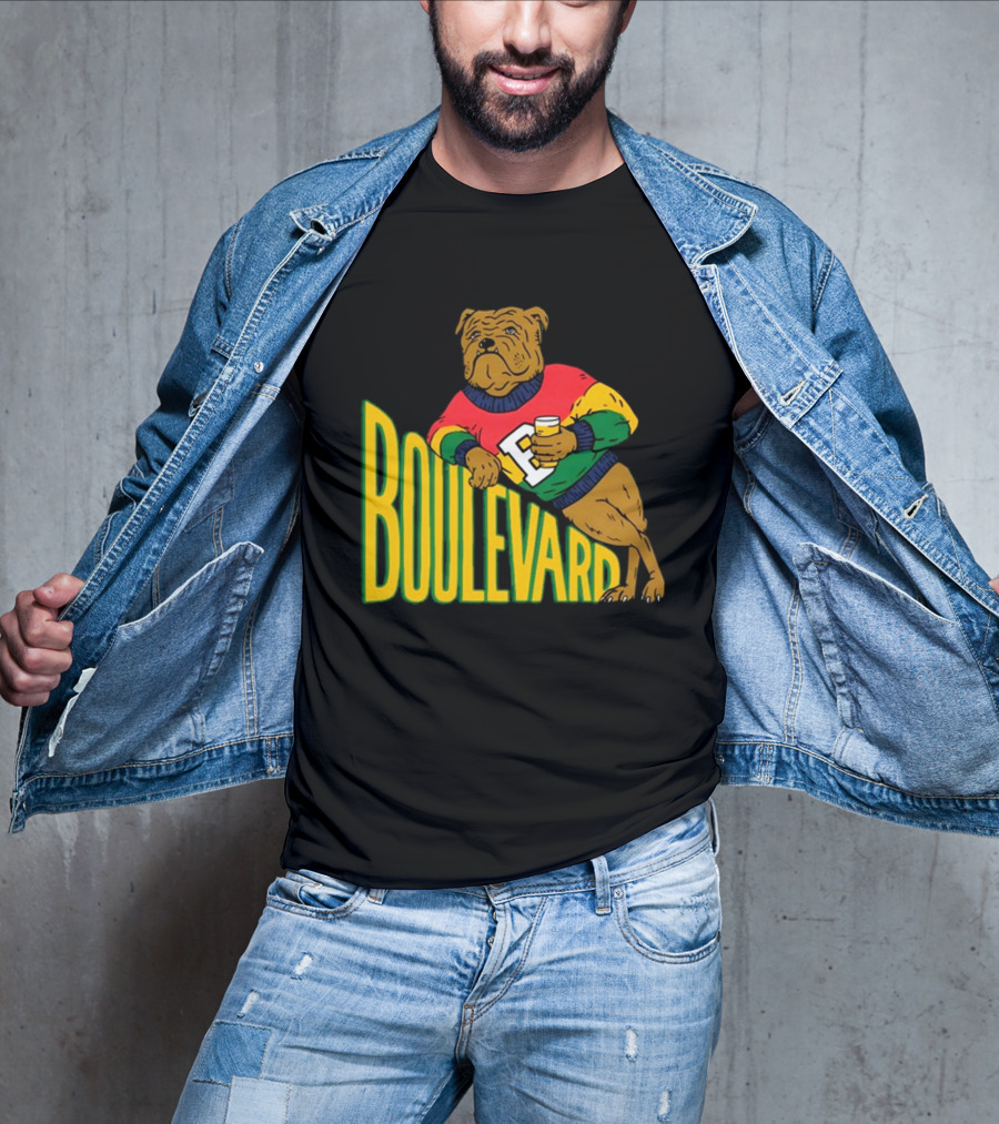 Boulevard Bully Dog In Colorful Sweater Holding Drink T-Shirt