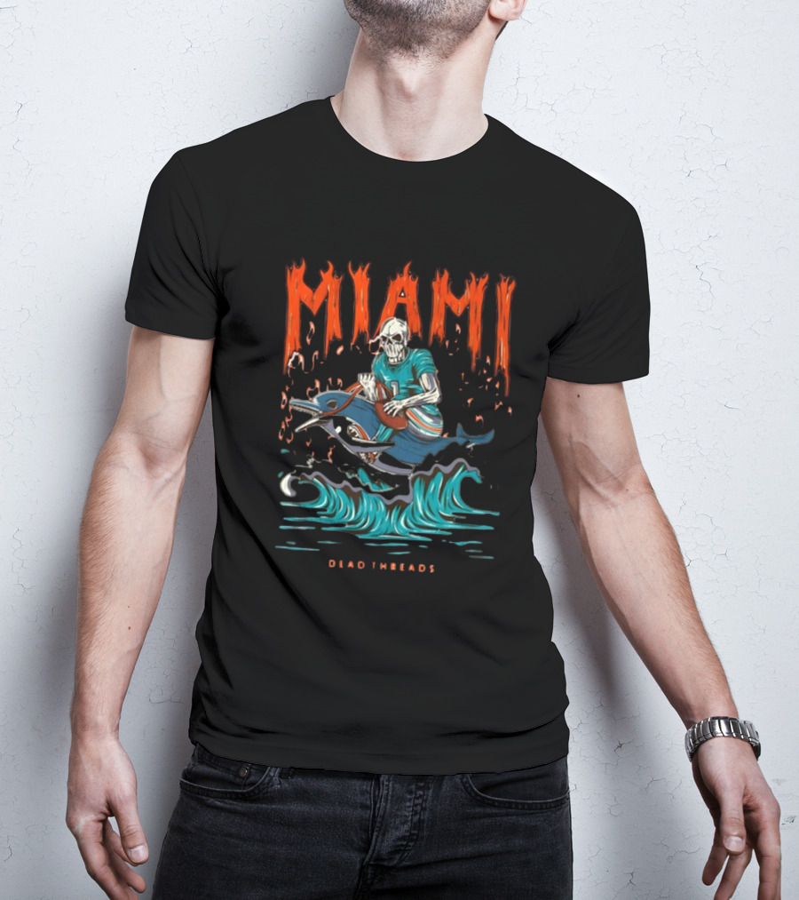 MIAMI Dead Threads Skeleton Surfer On Dolphin Football Adventure T-Shirt