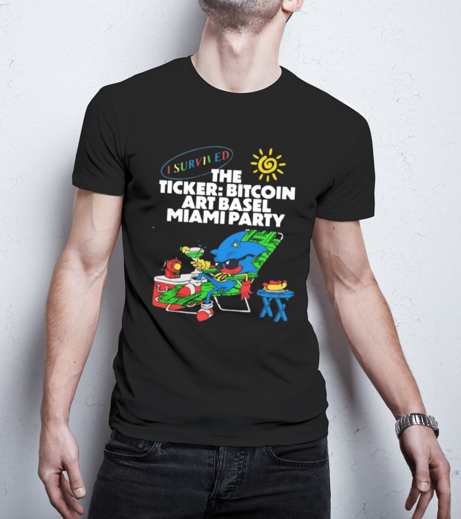 I Survived The Ticker Bitcoin Art Basel Miami Party Lounge Character Sun Cocktail T-Shirt