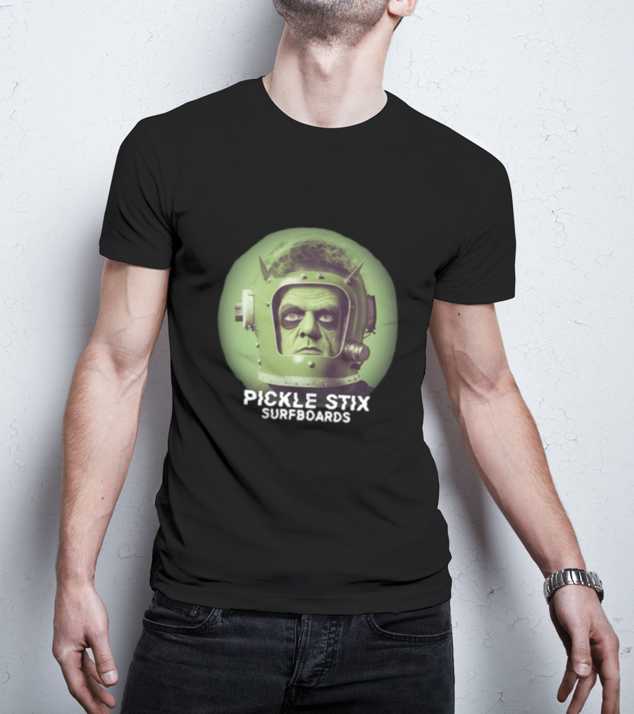 PICKLE STIX SURFBOARDS SPACEMAN HELMET GREEN BACKGROUND T-Shirt