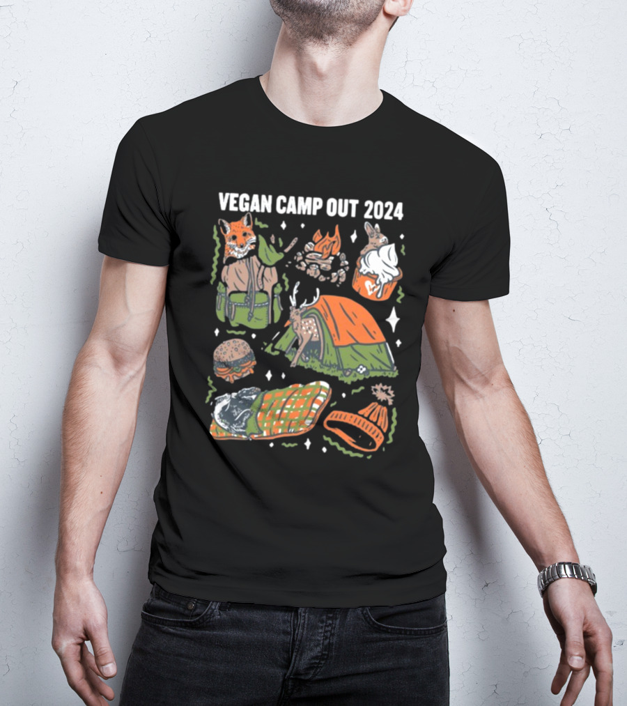 Vegan Camp Out 2024 Forest Animals Tent Campfire Deer Burger Sleeping Bag Beanie T-Shirt