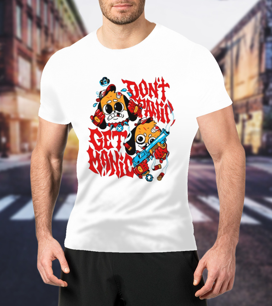 Don't Panic Get Manic Cartoon Characters With Colorful Styling And Playful T-Shirt