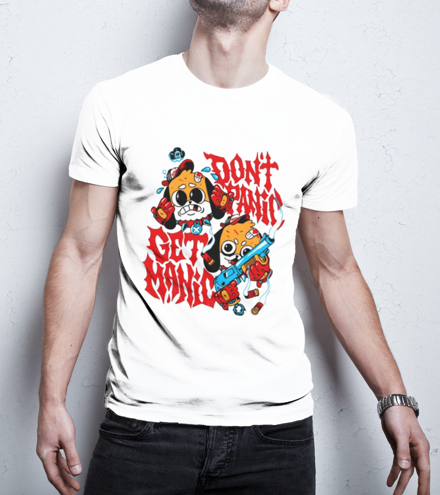 Don't Panic Get Manic Cartoon Characters With Colorful Styling And Playful T-Shirt