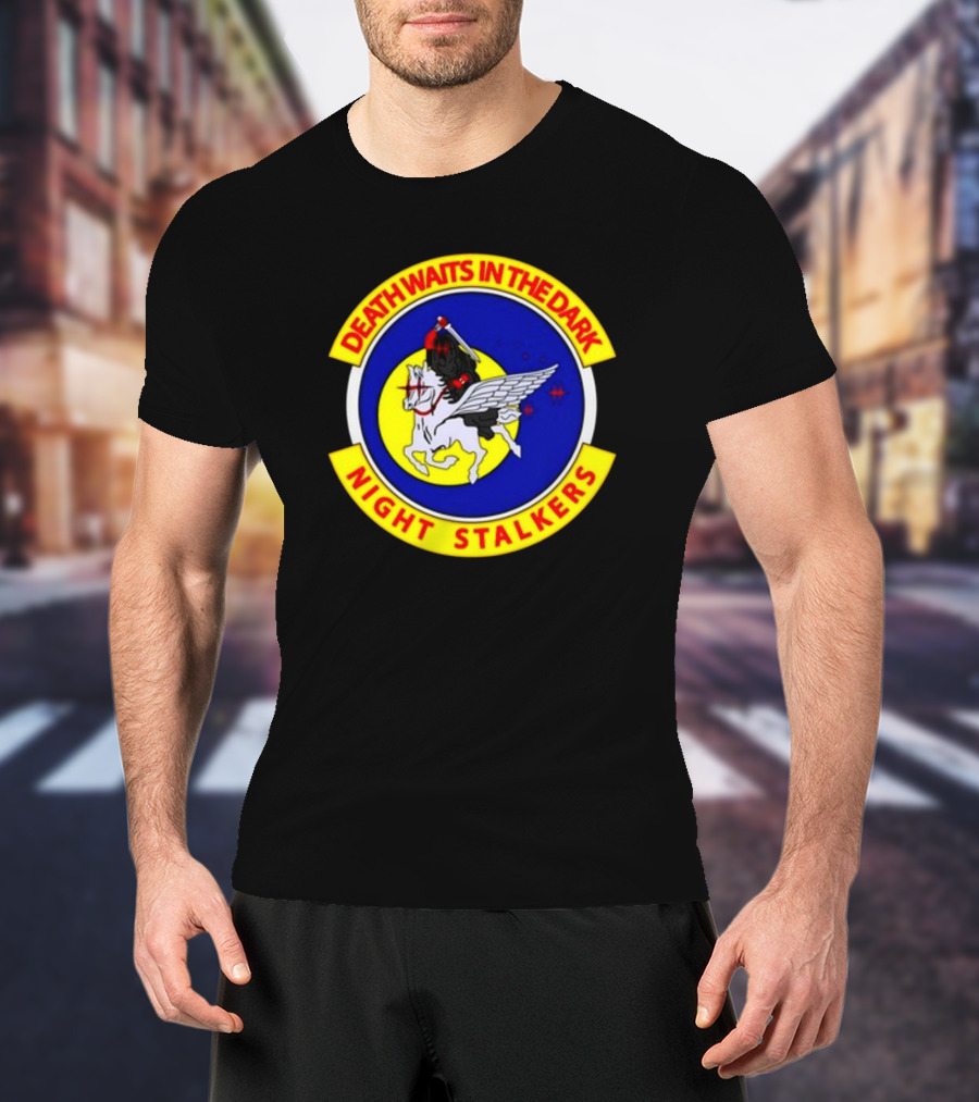 Death Waits In The Dark Night Stalkers Pegasus Emblem T-Shirt