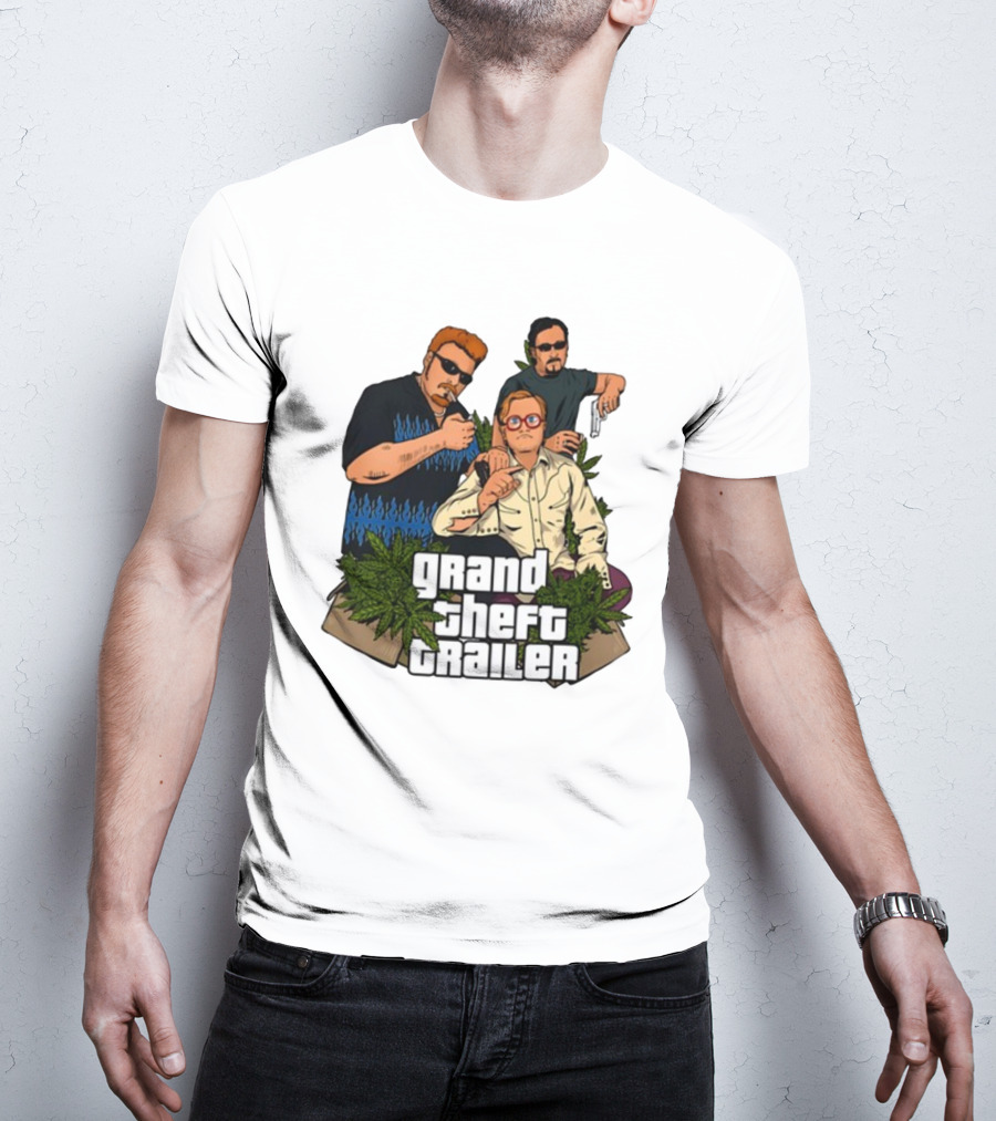Grand Theft Trailer Cannabis Comedy Trio With Sunglasses And Pistol T-Shirt