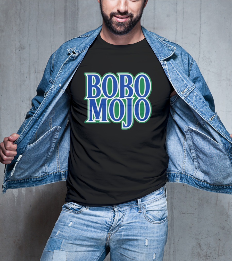BOBO MOJO Retro Bold Blue And Green Text T-Shirt