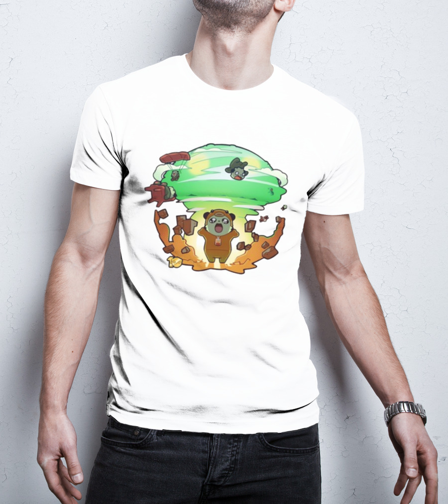 Roo Bahroo 10Th Anniversary Explosive Celebration With Cute Bear Figures And Parachuting Characters T-Shirt