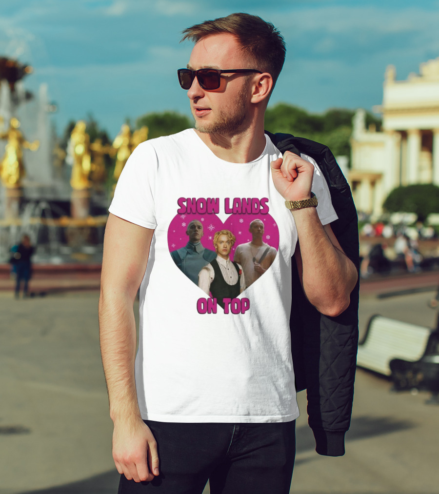 Snow Lands On Top Heart Pink Background Snowflakes T-Shirt