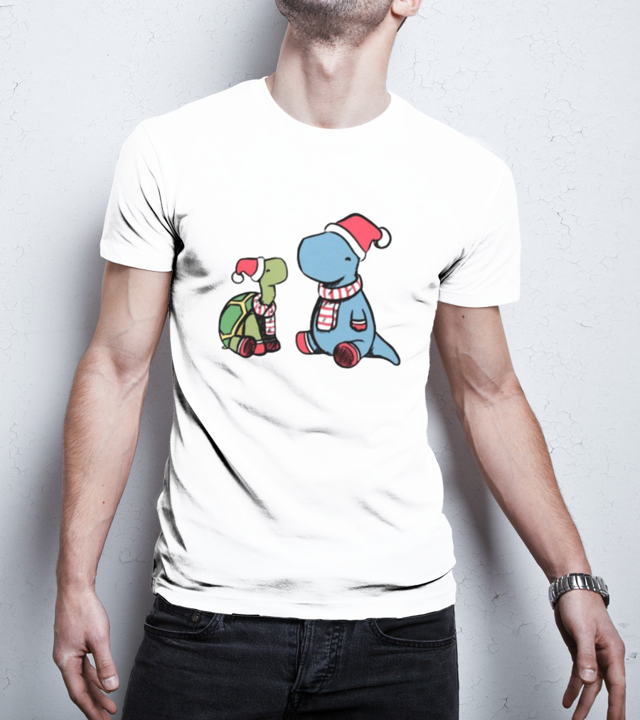 Christmas Tortoise And Dino Santa Hats And Scarves T-Shirt