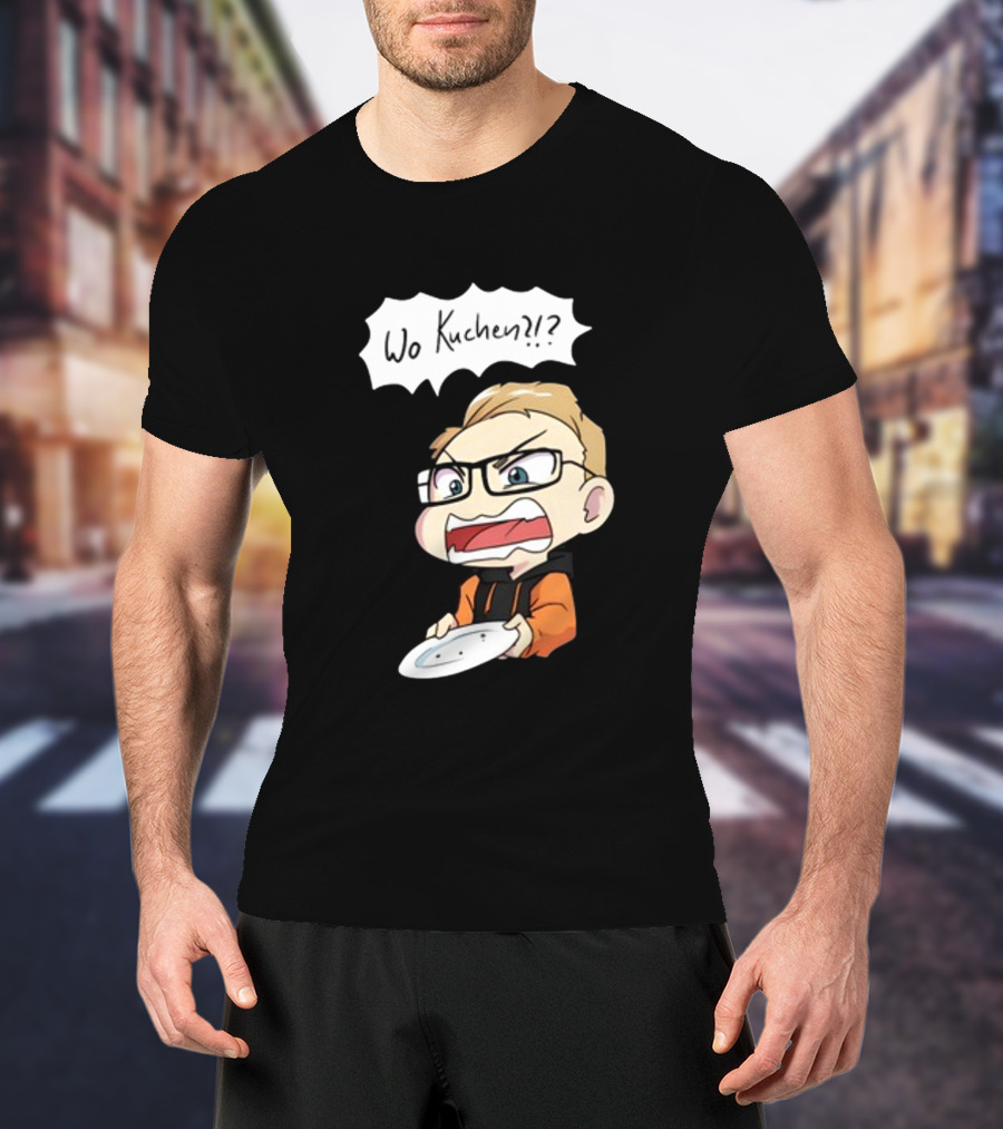 Wo Kuchen?? Comic Character Holding Empty Plate T-Shirt