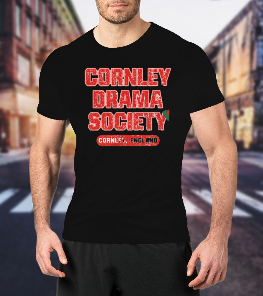 Cornley Drama Society England Red Distressed Text With Holly Leaf T-Shirt