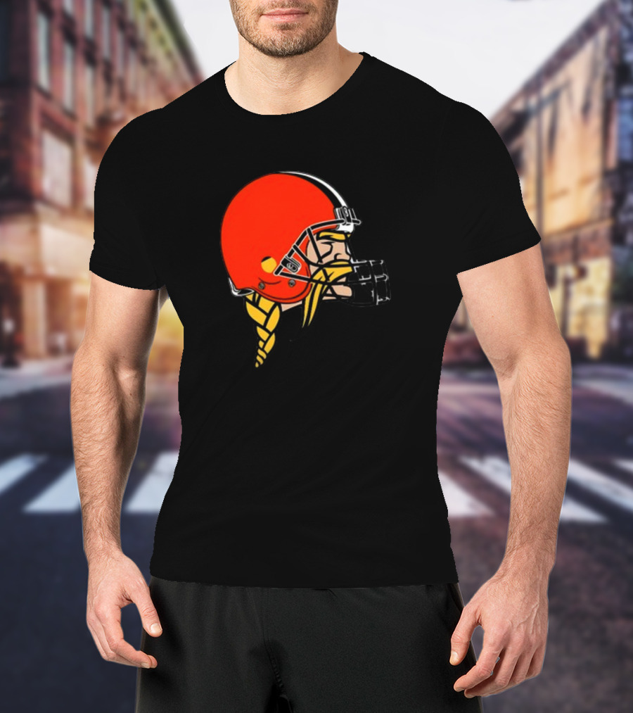 Vikings Helmet Featuring Browns Colors And Iconic Braided Warrior T-Shirt