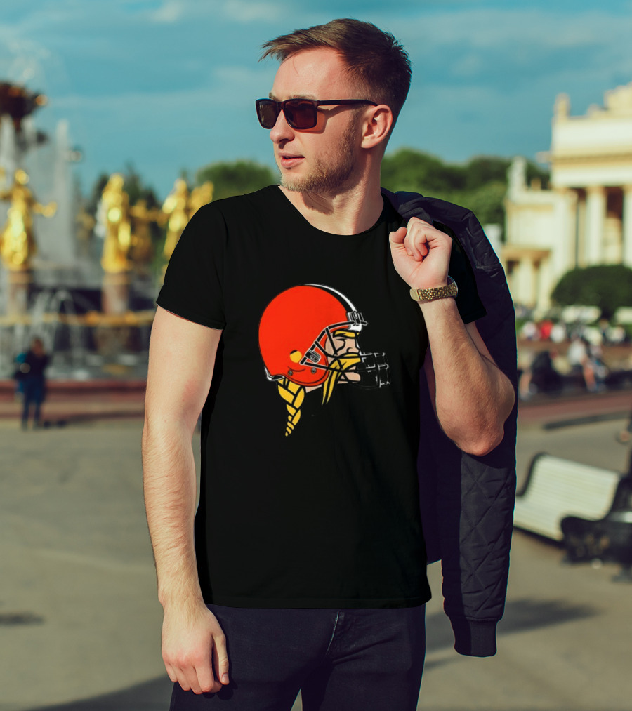 Vikings Helmet Featuring Browns Colors And Iconic Braided Warrior T-Shirt
