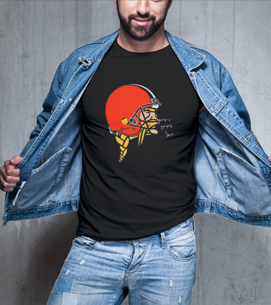 Vikings Helmet Featuring Browns Colors And Iconic Braided Warrior T-Shirt