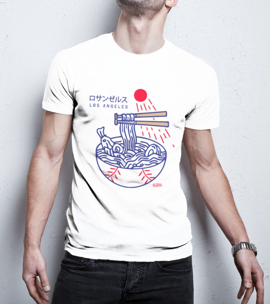 Los Angeles Ramen Bowl With Chopsticks Under Red Sun - Intheclutch Chavez T-Shirt