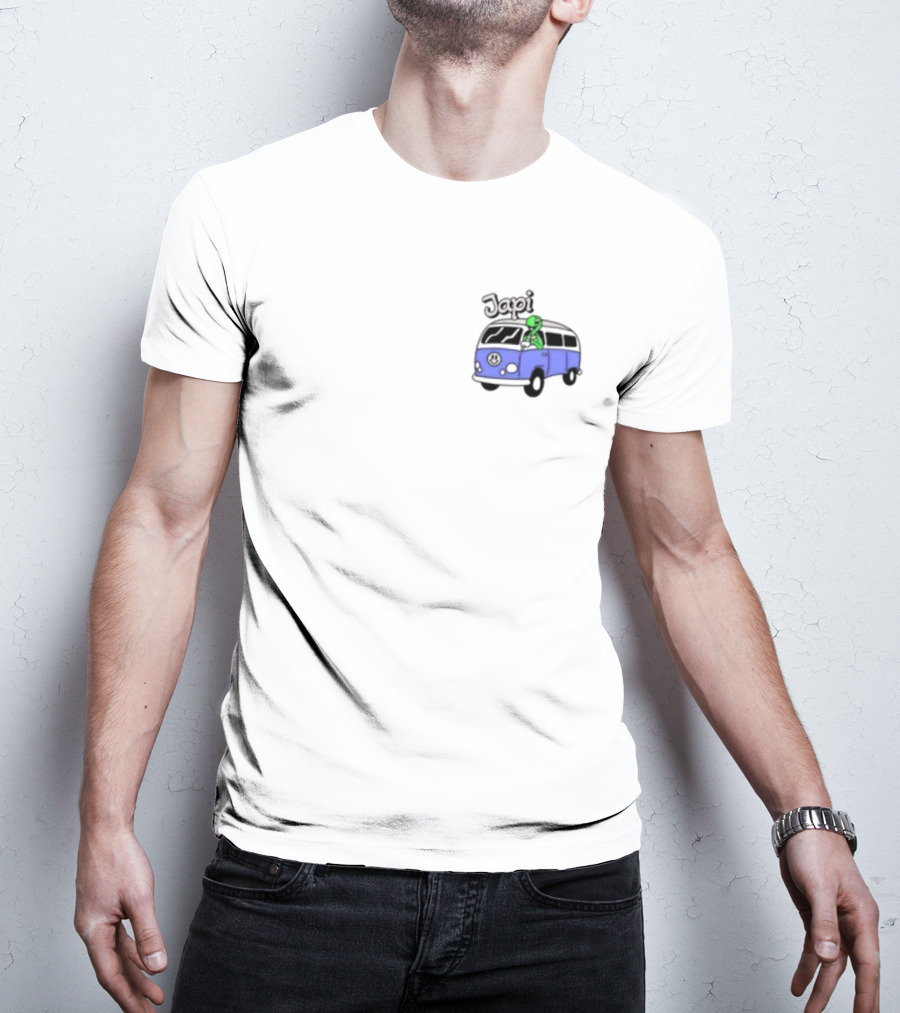 Japi Alien Character Surfer Riding Blue Peace Bus T-Shirt