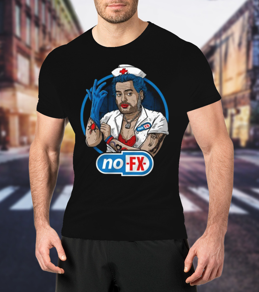 NOFX Blue Haired Nurse Mike Character In Red Lingerie With Tattoos And Blue Glove T-Shirt