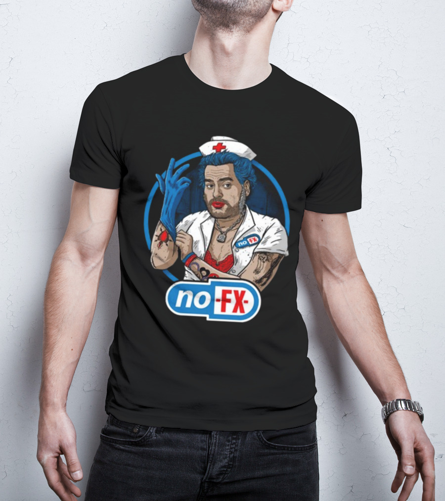 NOFX Blue Haired Nurse Mike Character In Red Lingerie With Tattoos And Blue Glove T-Shirt