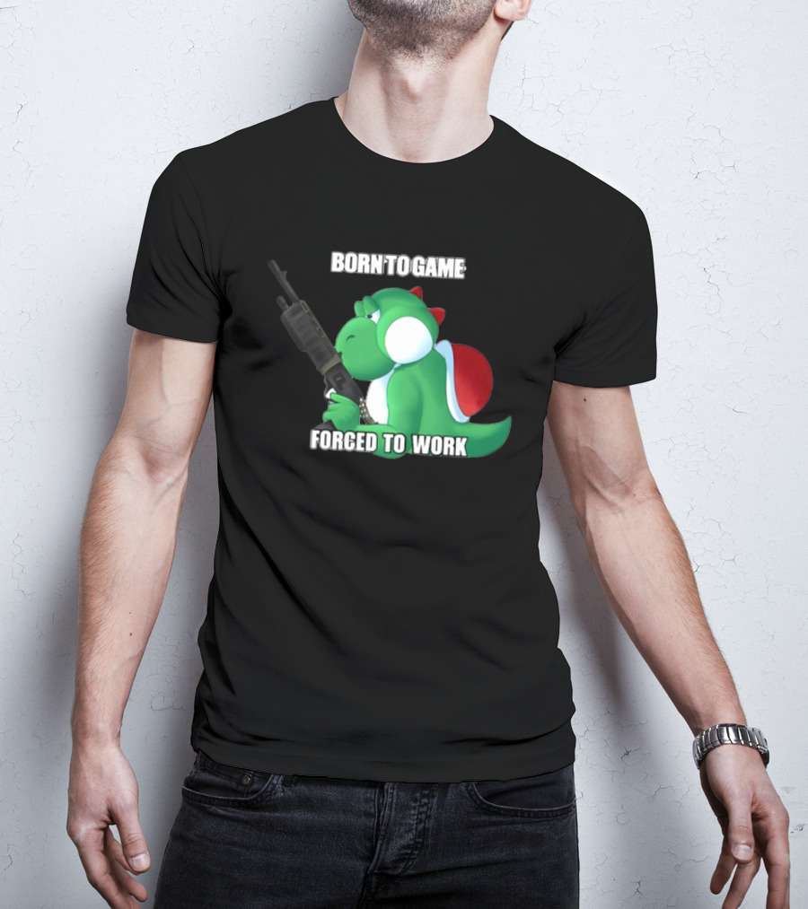 Born To Game Forced To Work Green Dinosaur Headphones Gaming Character T-Shirt