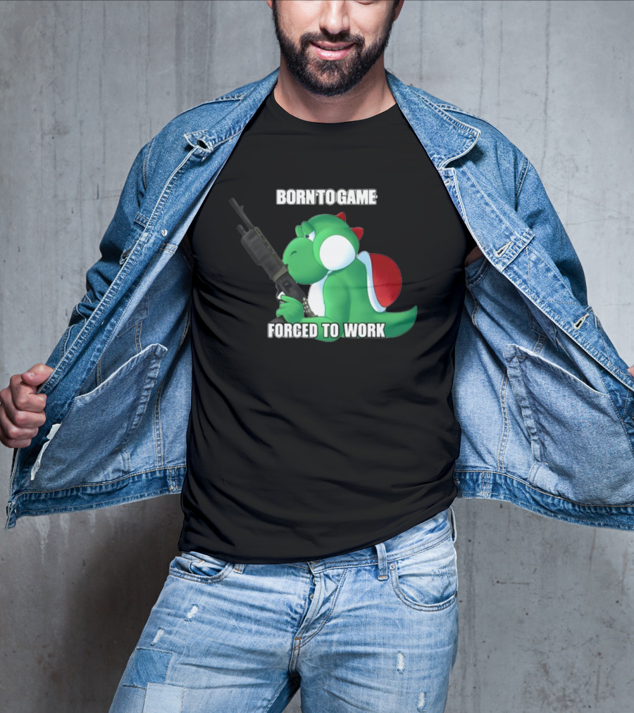 Born To Game Forced To Work Green Dinosaur Headphones Gaming Character T-Shirt