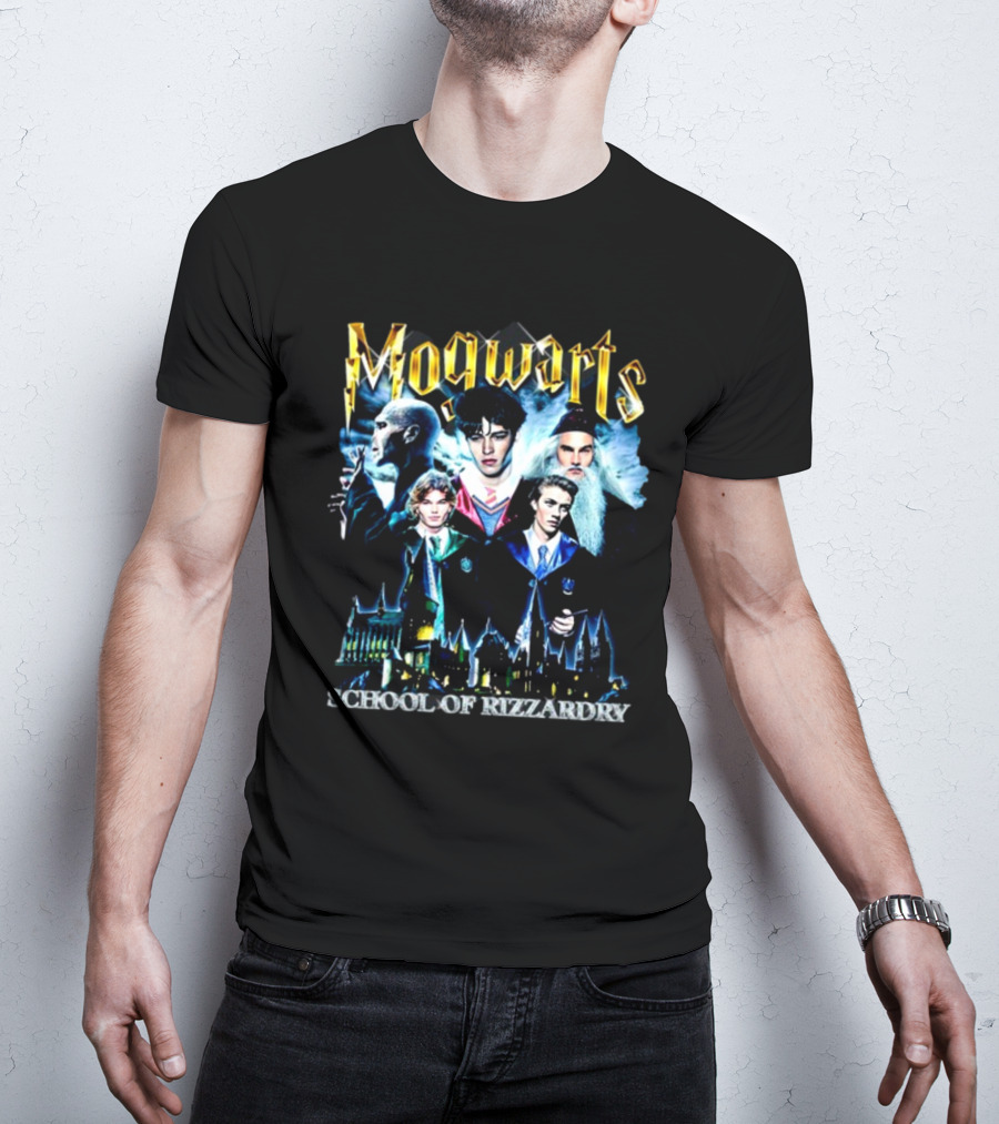 Mogwarts School Of Rizzardry Hogwarts Parody Featuring Iconic Wizard Figures And Castle T-Shirt