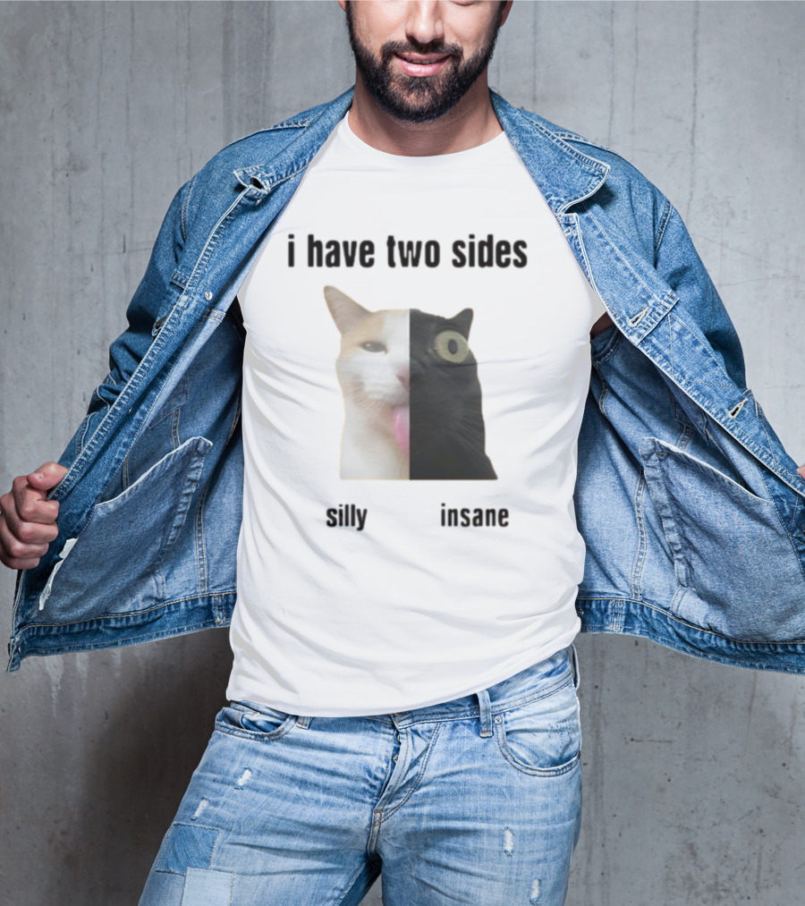 I Have Two Sides Silly Insane Cat Face Split T-Shirt