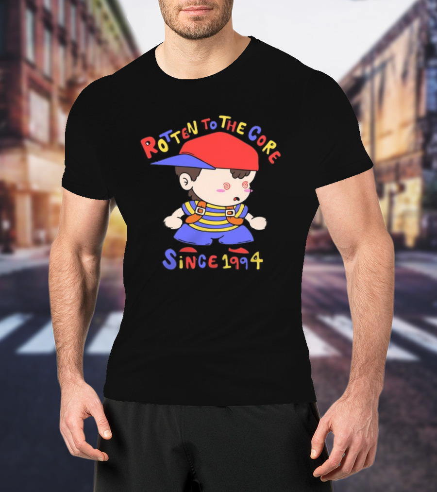 Rotten To The Core Since 1994 Cartoon Character With Red Cap And Striped T-Shirt