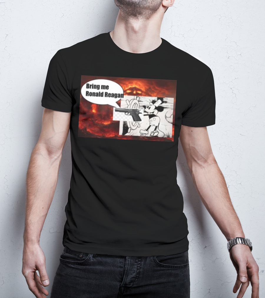 Bring Me Ronald Reagan Cartoon Character And Gun Over Fiery Background T-Shirt