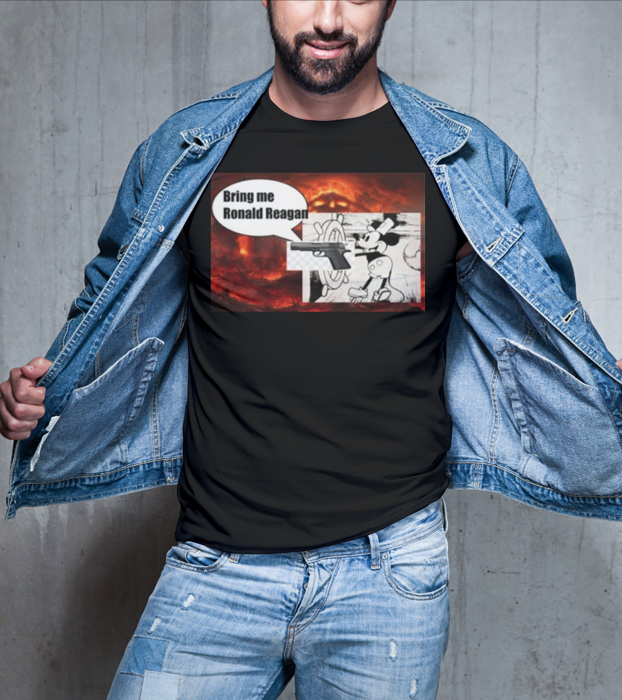 Bring Me Ronald Reagan Cartoon Character And Gun Over Fiery Background T-Shirt