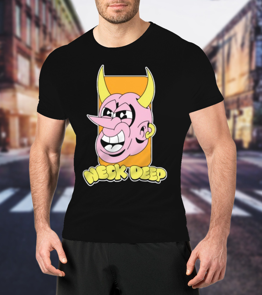 NeckDeepUK Neck Deep Cartoon Devil Face Yellow Horns Pink Head T-Shirt