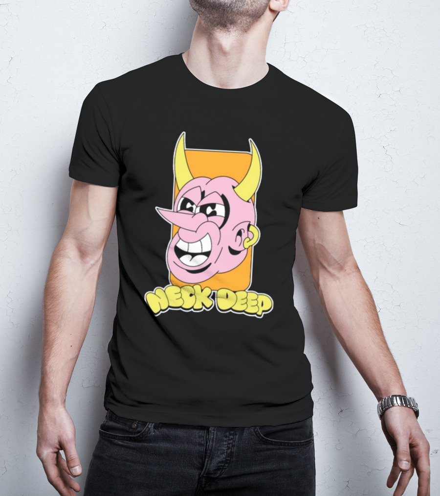 NeckDeepUK Neck Deep Cartoon Devil Face Yellow Horns Pink Head T-Shirt