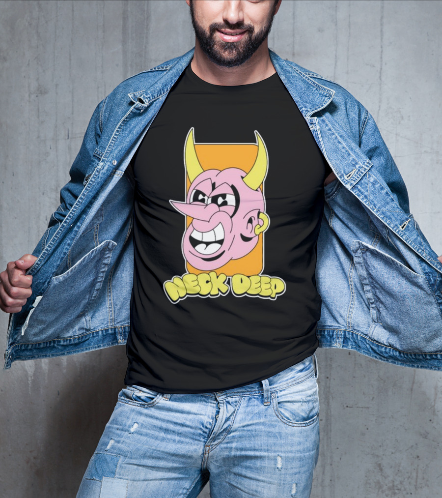NeckDeepUK Neck Deep Cartoon Devil Face Yellow Horns Pink Head T-Shirt