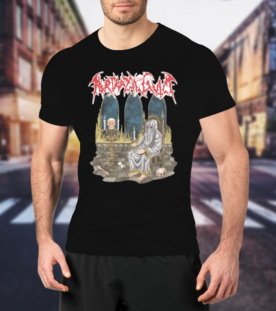 Portrayal Of Guilt Eyedust Cloaked Figure With Skull Throne And Candles T-Shirt