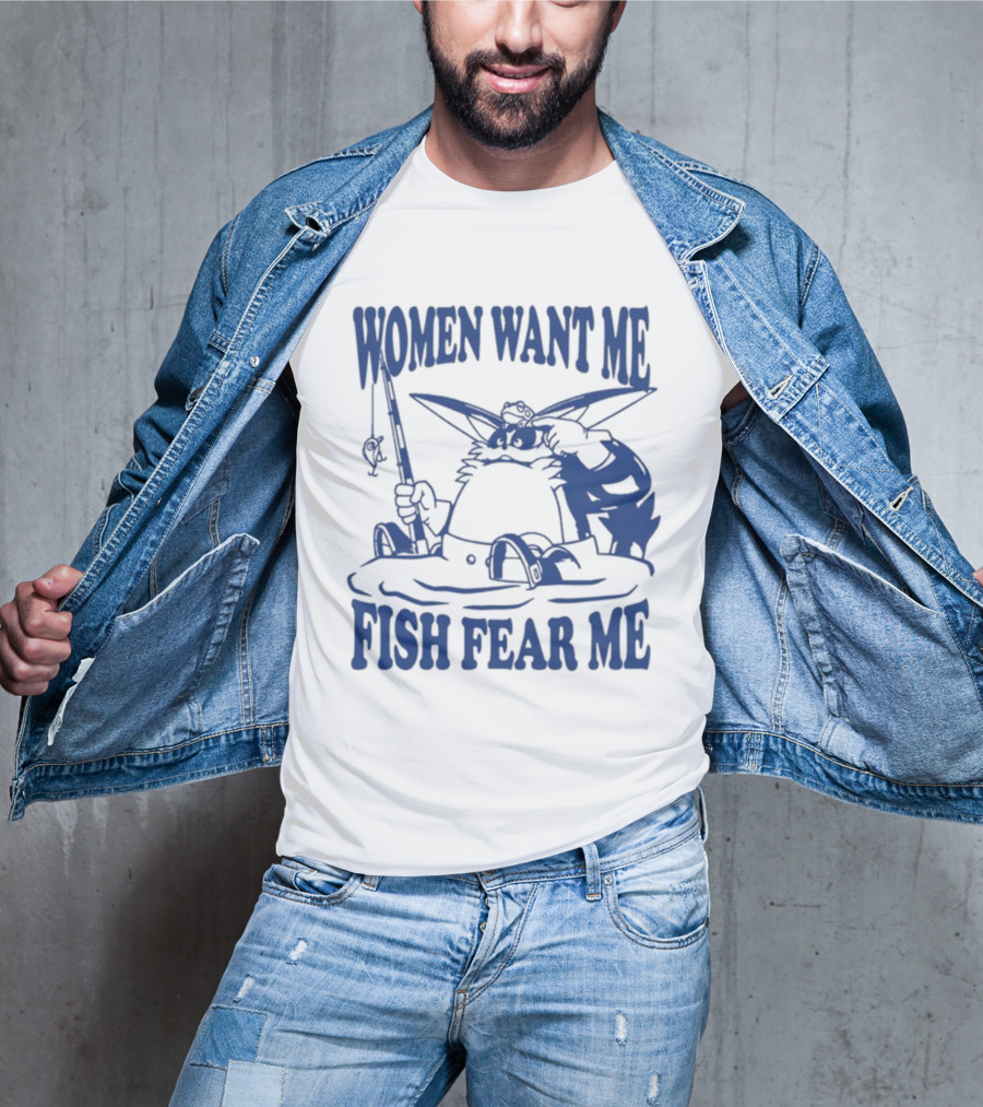 Women Want Me Fish Fear Me Cartoon Cat Fishing T-Shirt