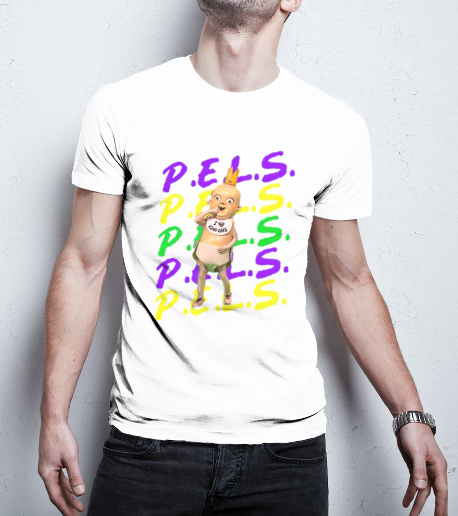 P.E.L.S King Cakes Baby Icon Text In Purple Green Yellow T-Shirt