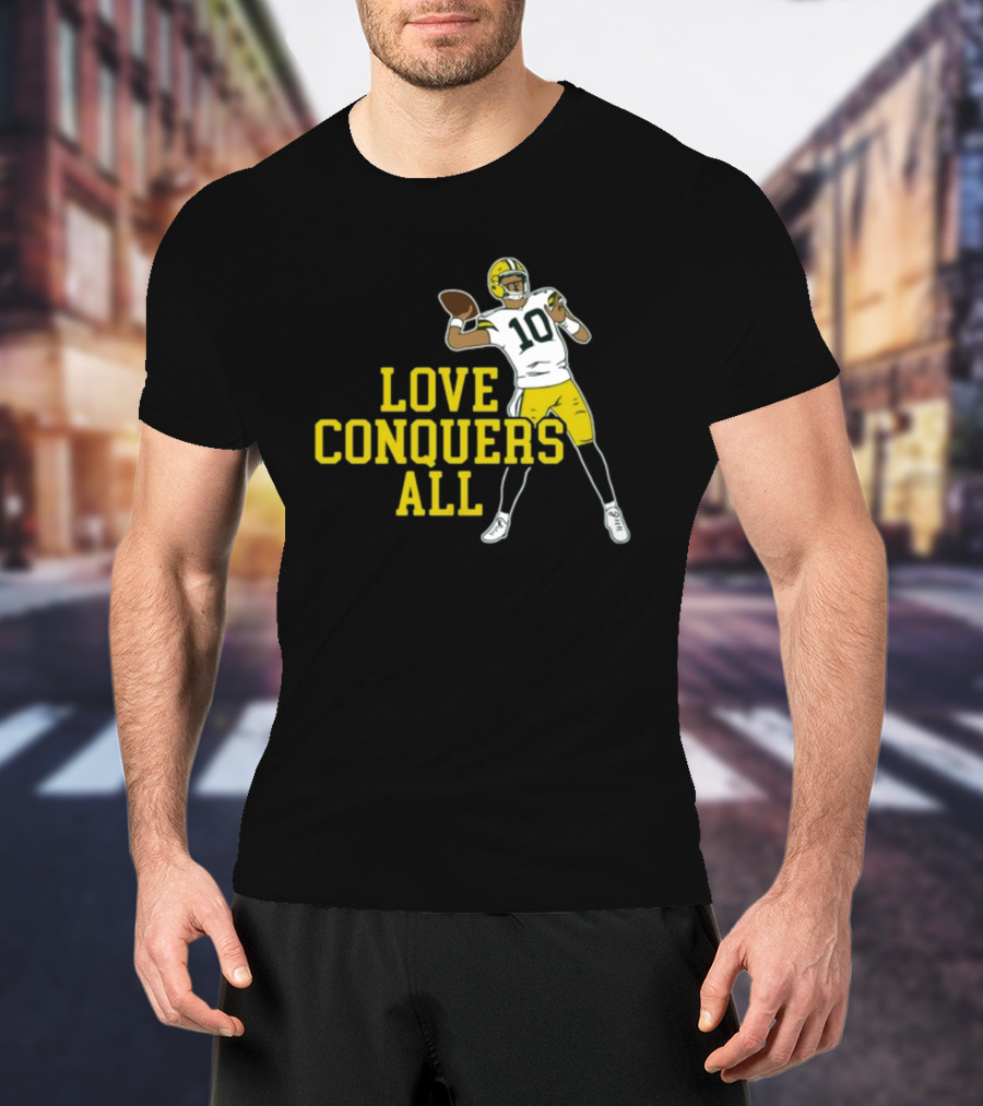 Love Conquers All Green And Yellow Number 10 Football Player T-Shirt