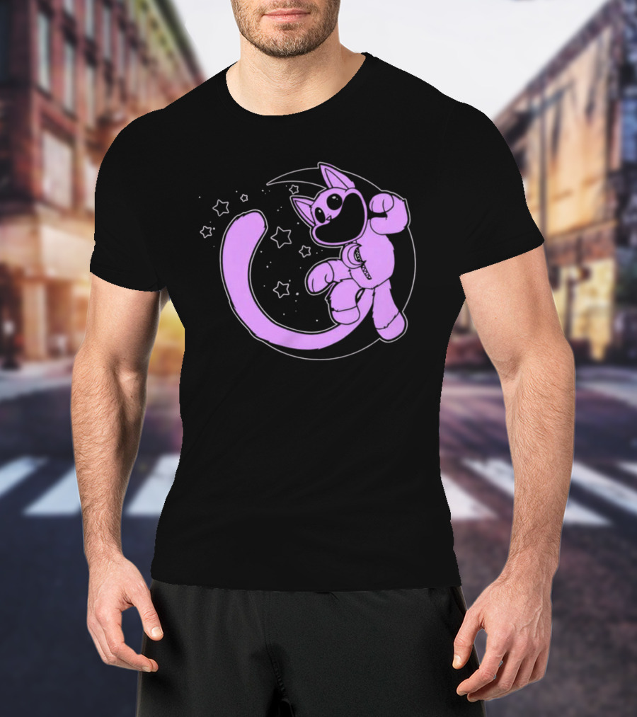 Purple Cartoon Cat With Stars And Moon T-Shirt