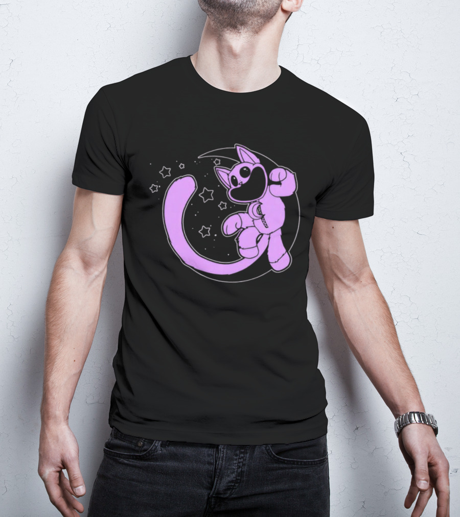 Purple Cartoon Cat With Stars And Moon T-Shirt