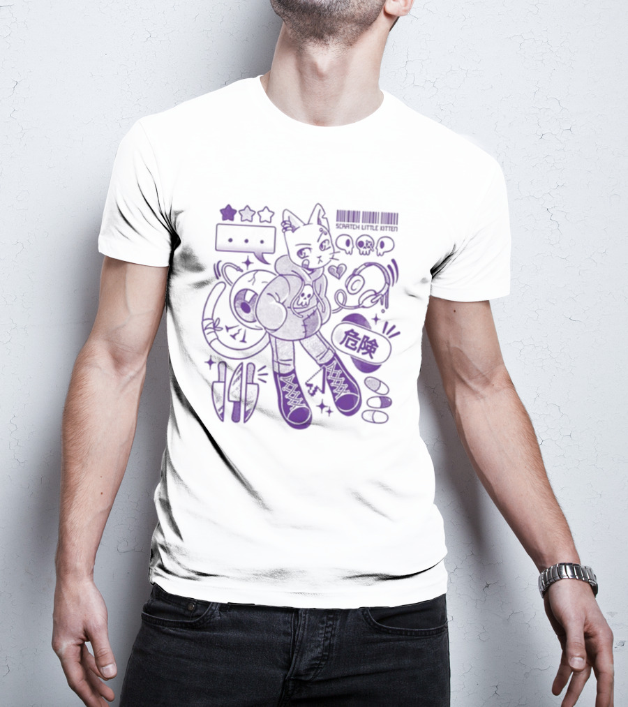 Theyetee Scratch Little Kitten Danger Barcode Skull Stars T-Shirt