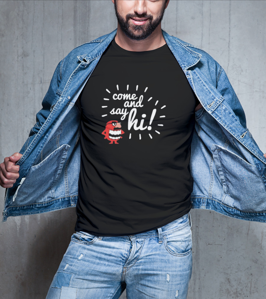 Ministryoftesting Come And Say Hi Red Cartoon Character T-Shirt