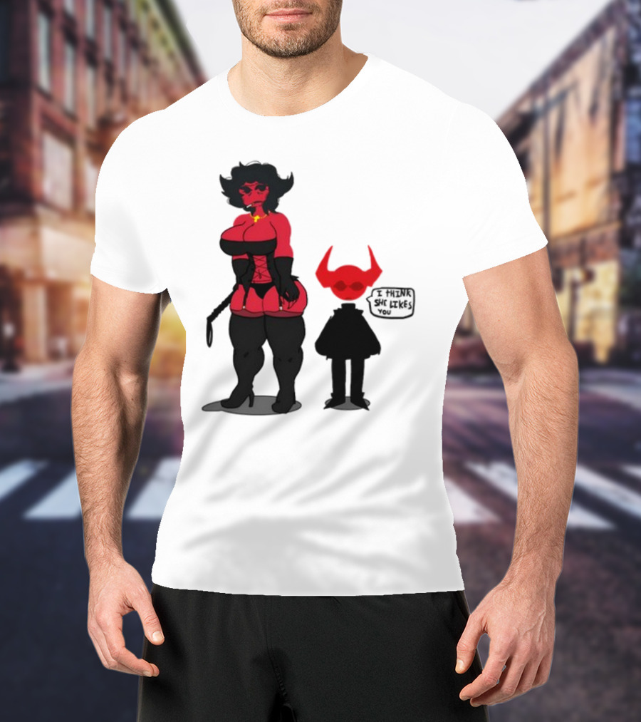 Thewboy Red Character With Devil Horns I Think She Likes You T-Shirt