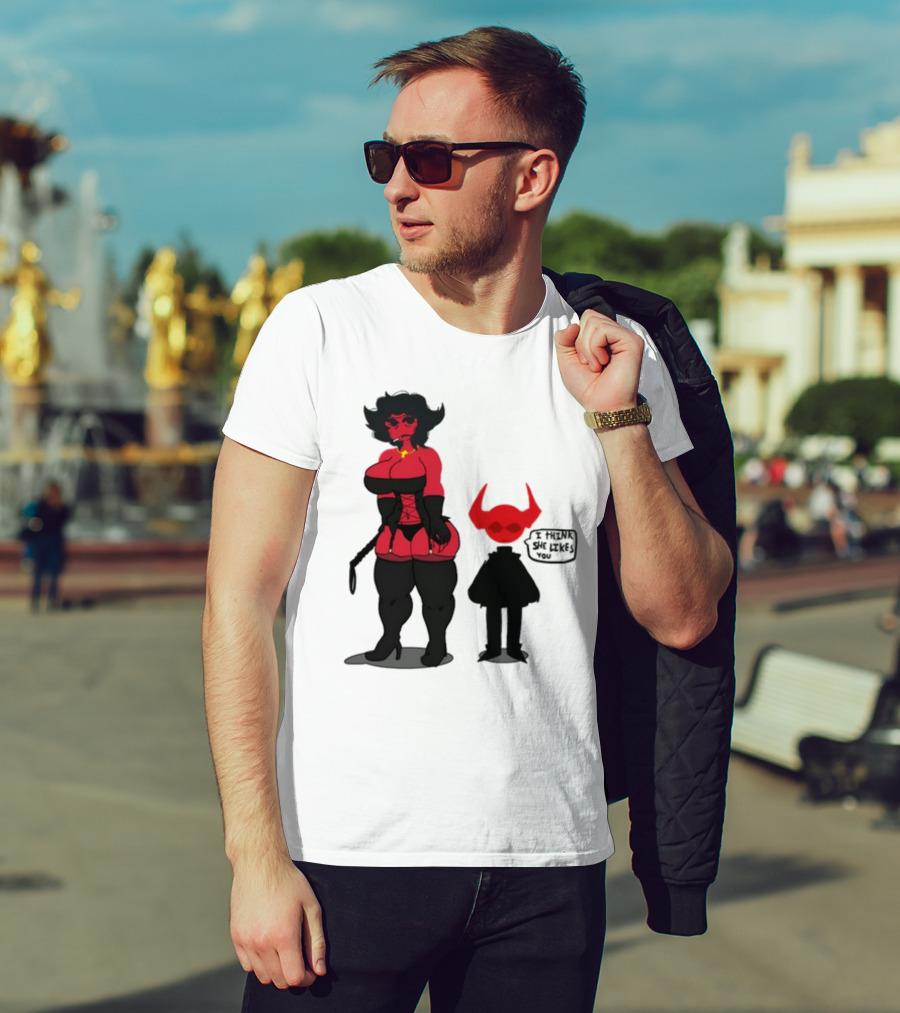 Thewboy Red Character With Devil Horns I Think She Likes You T-Shirt
