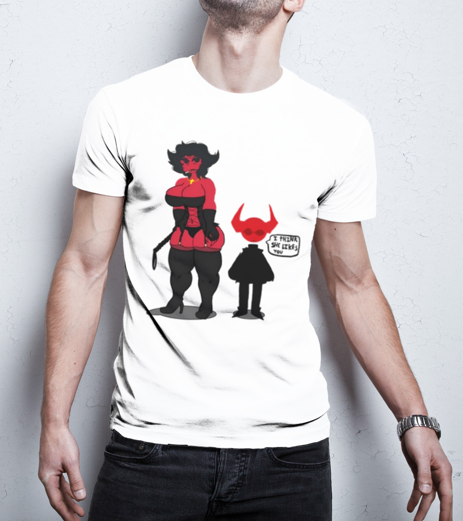 Thewboy Red Character With Devil Horns I Think She Likes You T-Shirt