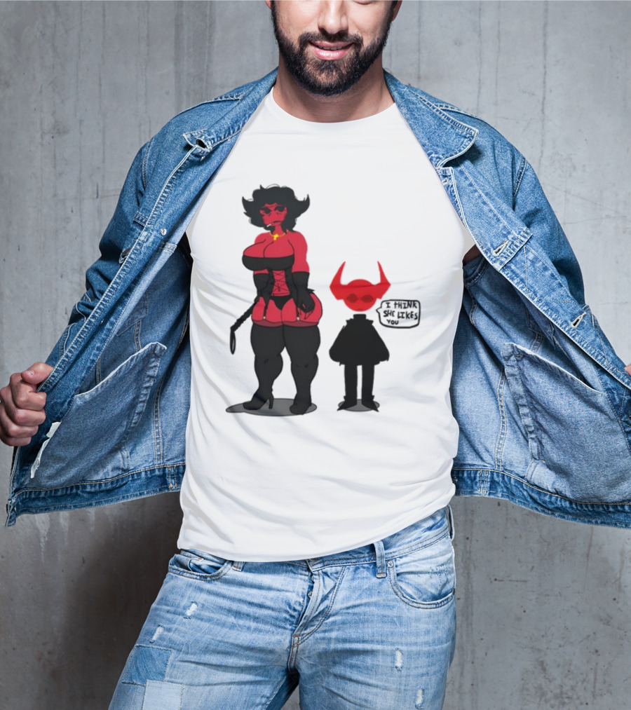 Thewboy Red Character With Devil Horns I Think She Likes You T-Shirt