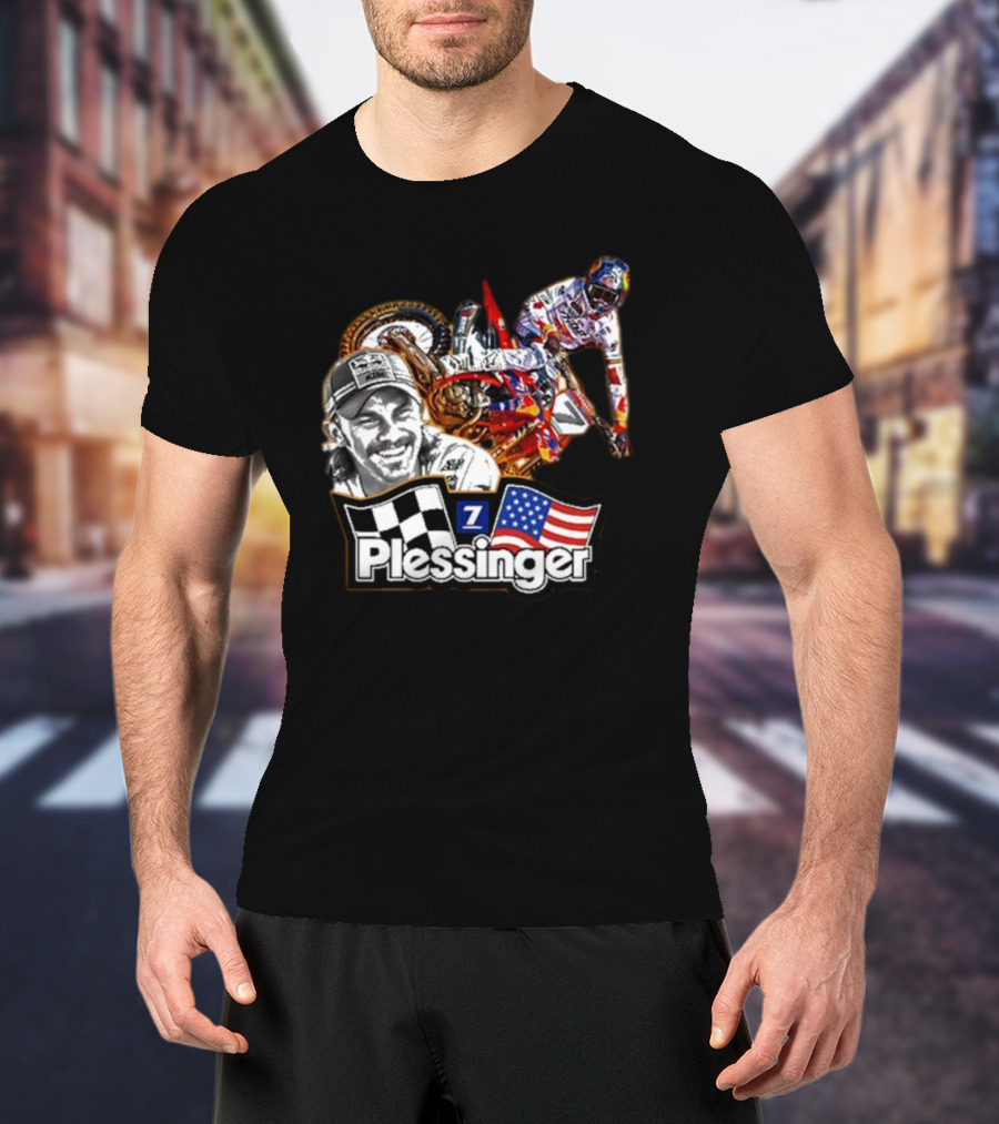 Plessinger American Motocross Racer With Flags And Checkered T-Shirt