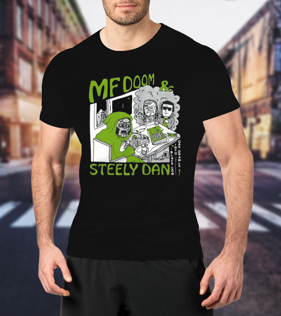 MF Doom And Steely Dan Black Cow Into Gas Drawls Comic Style Scene T-Shirt