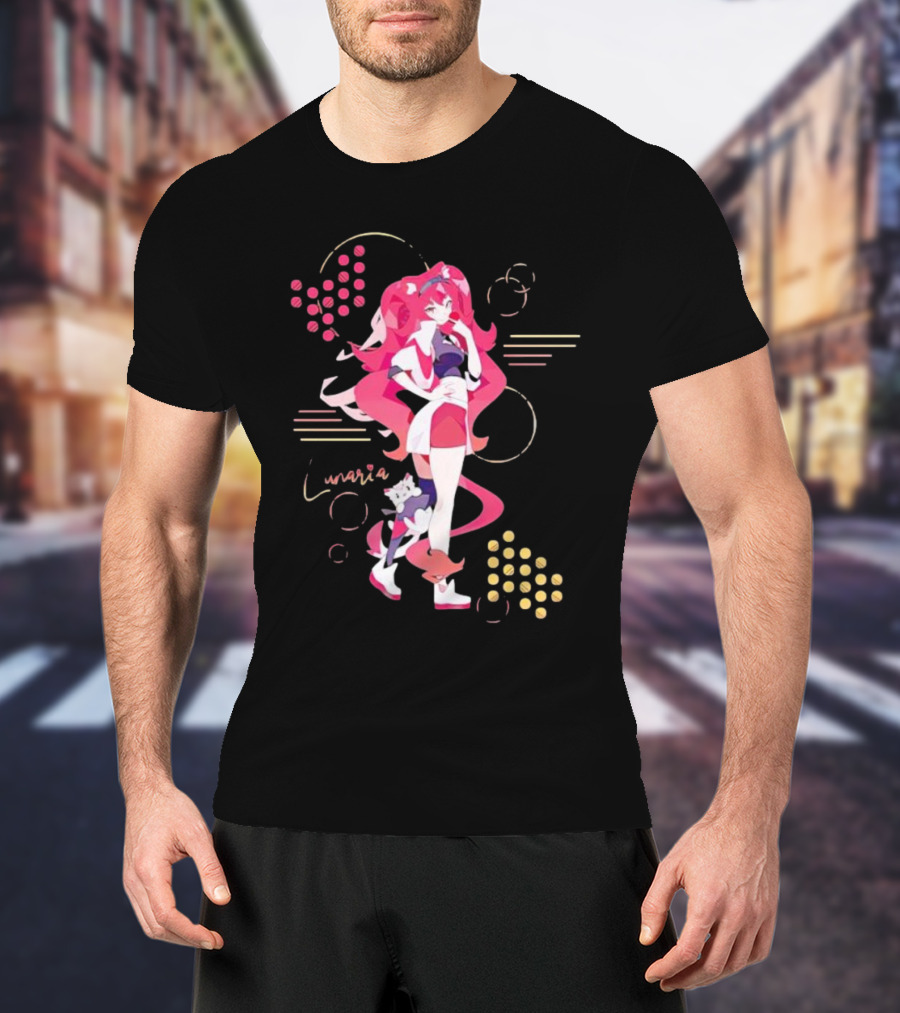 Lunaria Streetwear Pink Hair Girl With Cat And Circles T-Shirt