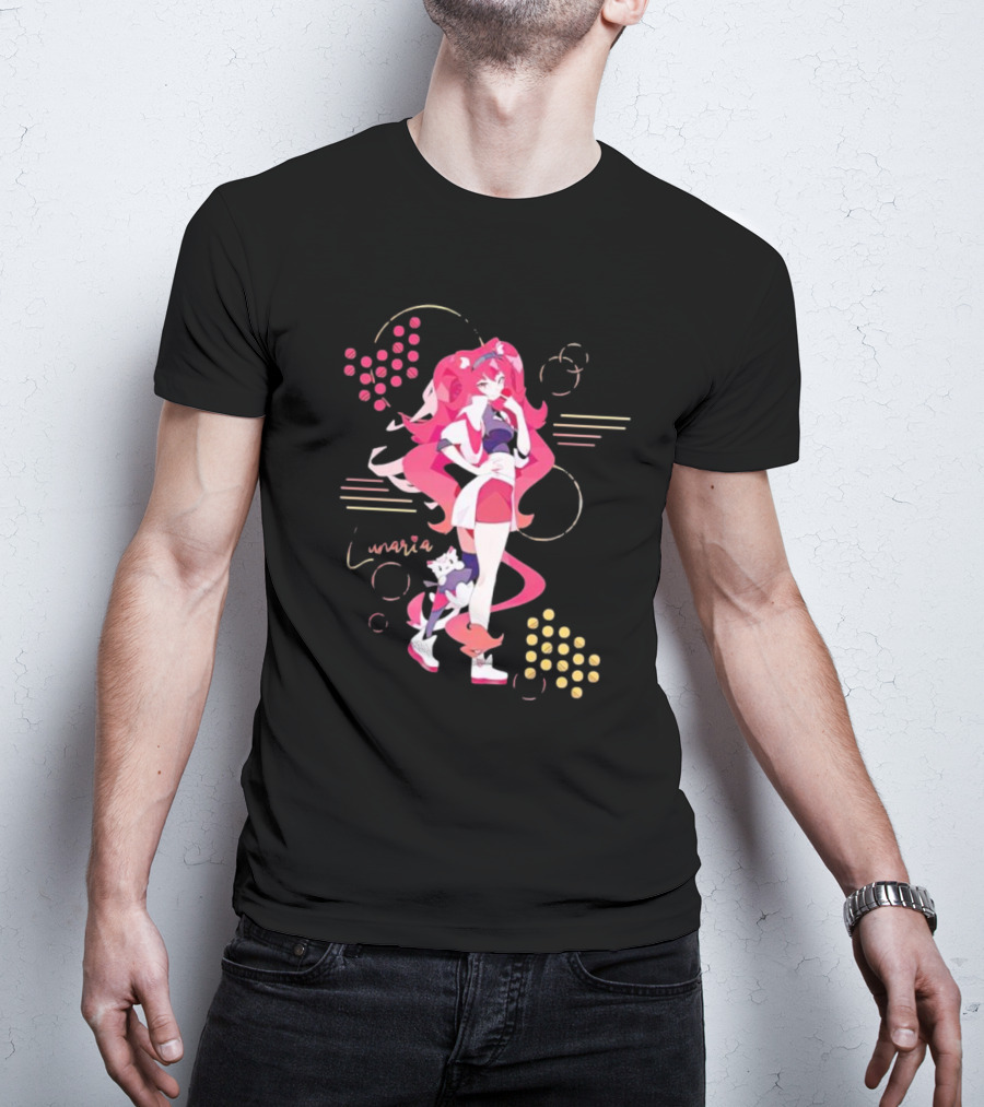 Lunaria Streetwear Pink Hair Girl With Cat And Circles T-Shirt